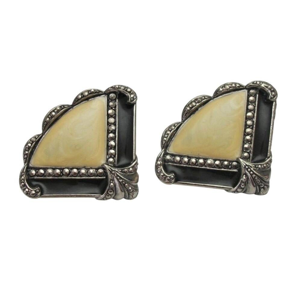 Fan Earrings Womens Silver Cream Black Art Deco Enamel Geometric Post